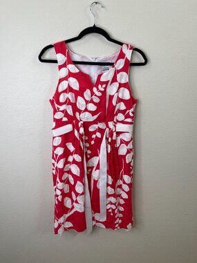 Robbie Bee Womens Red & White Sleeveless Leaf Print A-Line Dress 4 Cotton/Poly